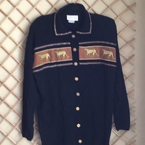 CACHE’ Black leopard trim button up sweater, vintage